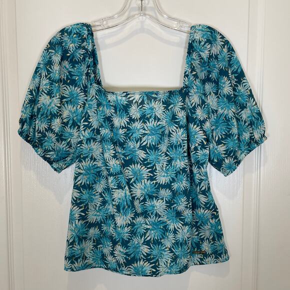 Michael Michael Kors Floral Print Puff Sleeve Blouse Gold Metallic Teal NWT S - Picture 1 of 5